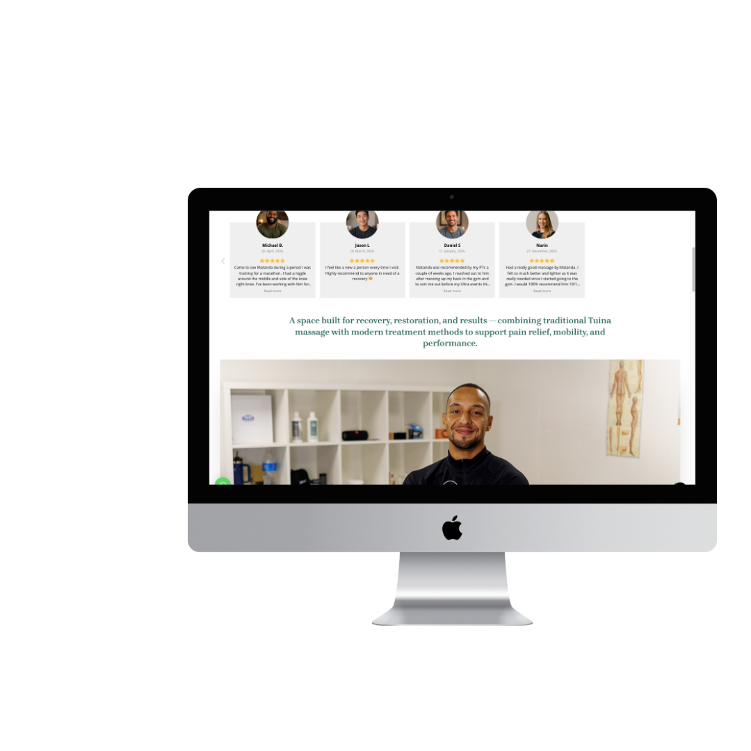 Renewed testimonials and practitioner section displayed on an iMac